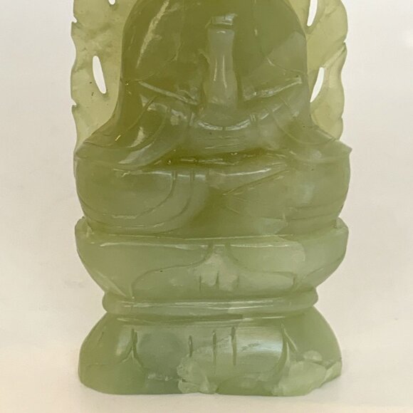 Chinese Nephrite Jade Seated Guanyin 6" Statue Hand Carved w/Pierced Leaf Halo - Picture 3 of 13
